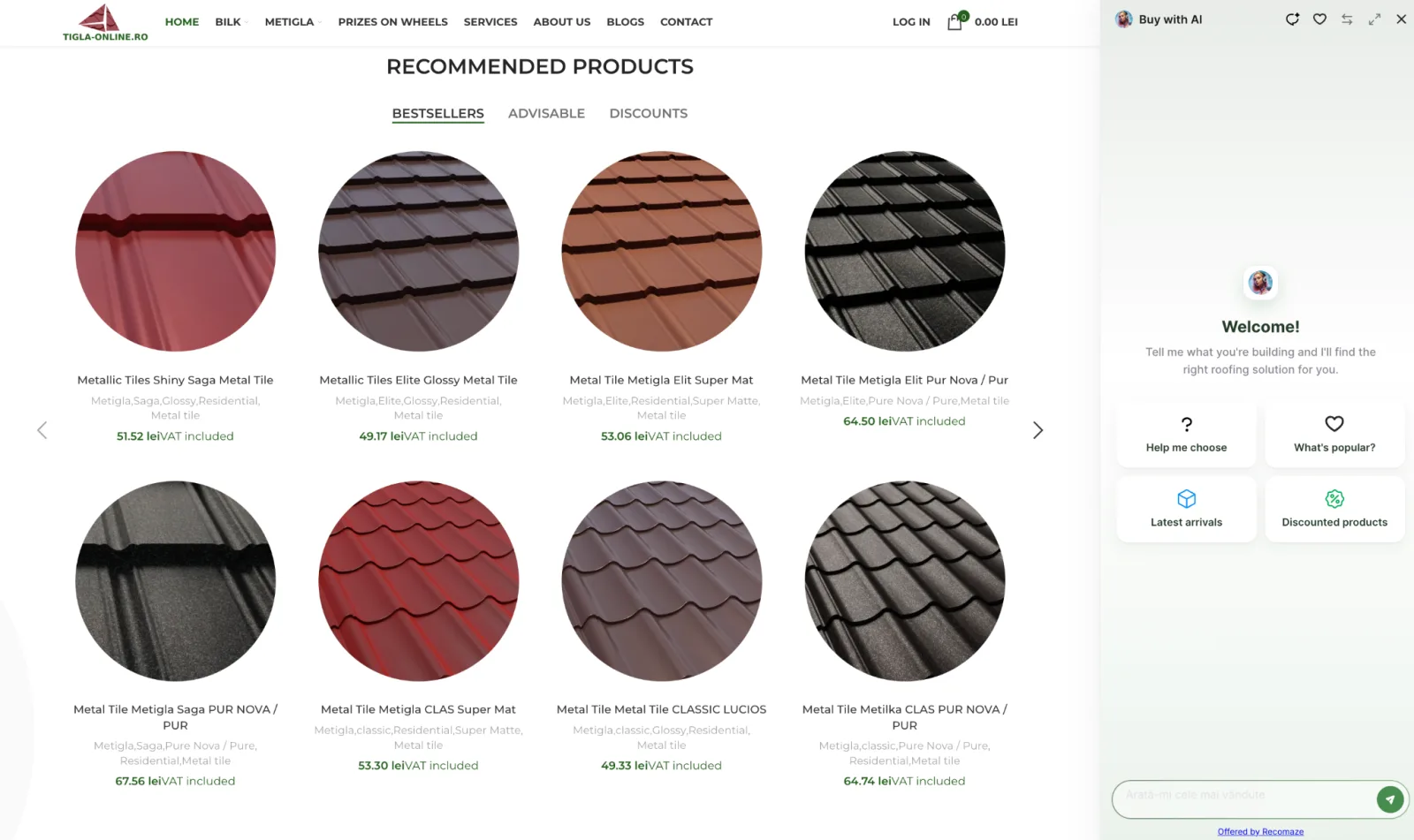 Darleot's store: the recommended products grid with the Recomaze Sales agent open on the right, asking what the visitor is building